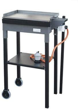 Barbacoa de Gas con Plancha de Acero Plegable | Asador Portátil con Ruedas en las Patas | Incluye Paellero Vitrificado de 300mms, Regulador y Manguera | Ideal para Exterior 590x410x900 mms