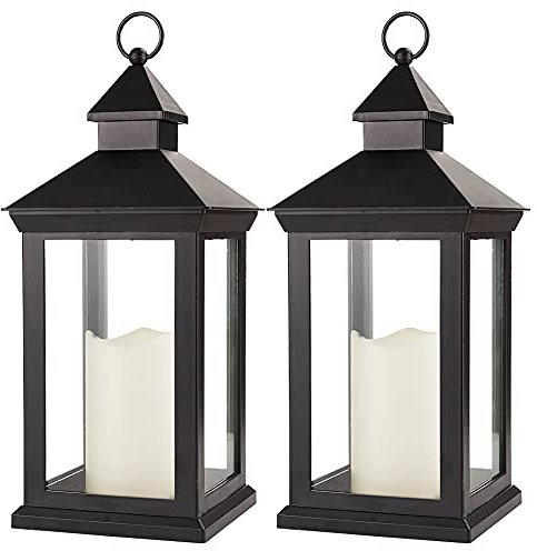 Bright Zeal 2-Pack 14 Decorative Candle Lantern Black Outdoor Lanterns with Timer Candles - IP44 Waterproof Vintage Lanterns Battery Powered LED Decorative for Wedding - Hanging Wall Lanterns Indoor