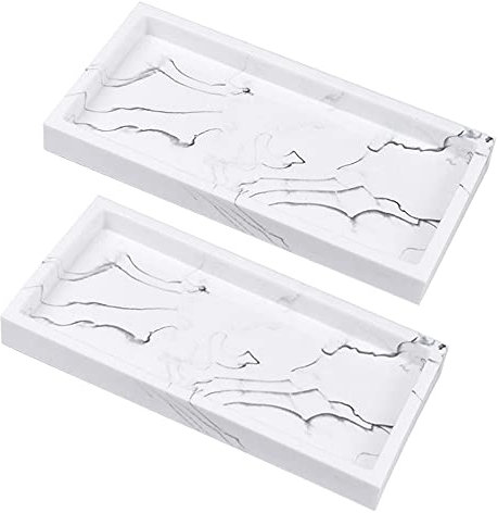Qililandiy 2 Stück Harz Tablett Badezimmertablett Organizer Rechteckige Harzschale Platte für Deko Gewebe Kerzen Seife Handtuch Weiß Marmor