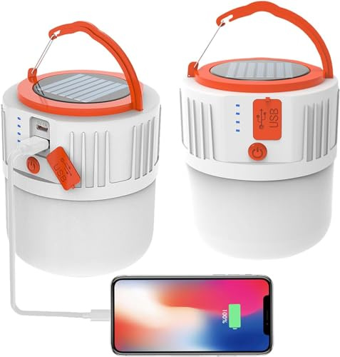 2 Pack Solar Camping Light, LED USB Rechargeable Tent Lamp, Waterproof 5 Modes Outdoor Lantern for Hiking, Camping, Fishing, Hunting, Emergency, Garden, Gazebo