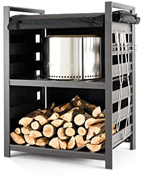 Solo Stove Station with UV Coated Cover | Aluminum Firewood Rack for Fire Pits, Patio Logs, and Outdoor Tools, Two Shelf Organization Log Rack, Dimensions: 133,3 x 87,6 x 60,9 cm, 21,3 kg, Black