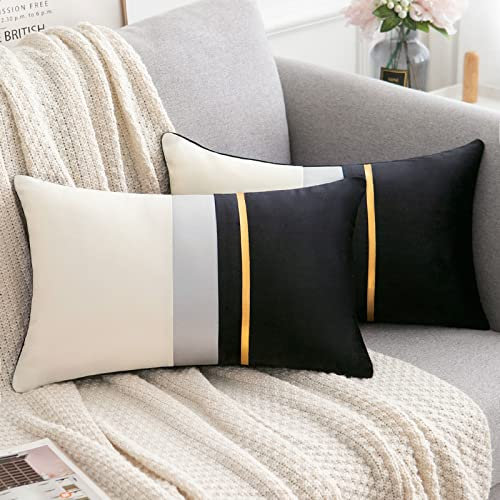 2er Set Kissenhülle Dekorativer Schwarz und Weiß Kissenbuzug Gold Streifen Sofakissen mit Weicher Eleganter Einfacher Samt für Wohnzimmer Couch Sofa Auto Garten,30 * 50cm