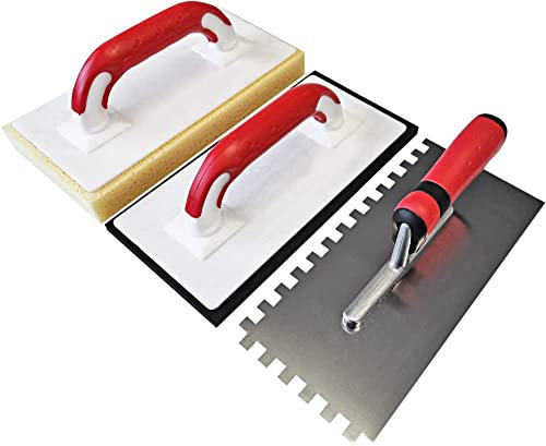 Maurerfreund Fliesenlegerset 3-teilig mit Glättekelle rostfrei Zahnung 6x6 mm & Fugenbrett mit Zellgummi & Fliesenwaschbrett | ergonomische Softgriffe | Made in Germany