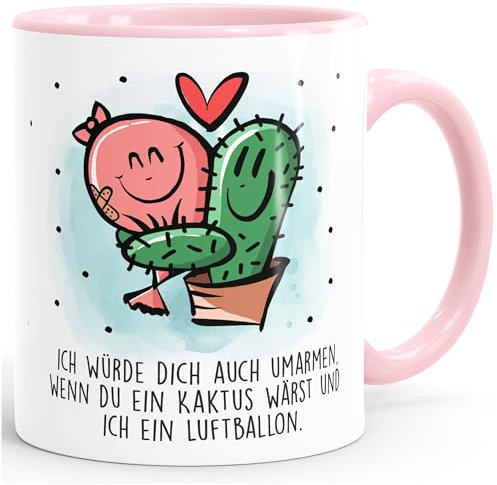 Moonworks® Kaffee-Tasse Kaktus Luftballon Liebe Lustig Geschenk Valentinstag Jahrestag Liebeserklärung Mann Frau weiss-innen-rosa Keramik-Tasse