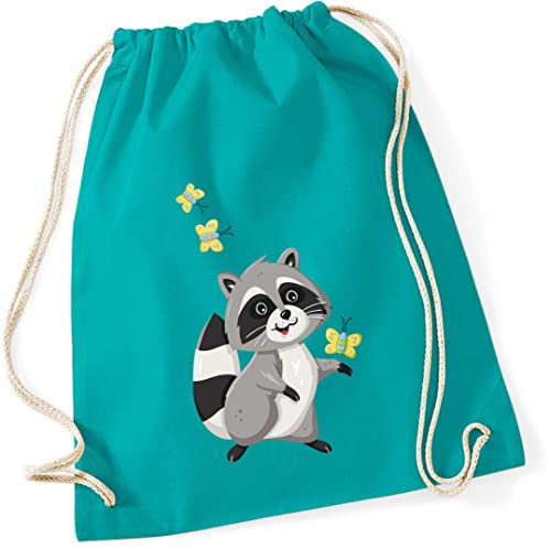 minimutz Turnbeutel für Kinder | Motiv Waschbär mit Schmetterlingen | Schuhbeutel Sporttasche zum Zuziehen für Mädchen & Jungen | Stoffbeutel mit Kordel für Schule, Kindergarten, Freizeit (türkis)