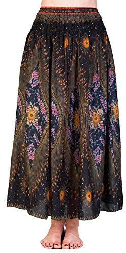 PANASIAM Sommerrock Damen lang - Strandrock - Mandala & Peacock Boho Design | Leichter Freizeitrock mit gesmoktem Gummibund, blickdicht in leuchtenden Farben und Designs, Onesize passend Gr. S-L