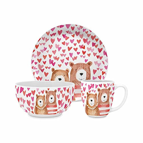 PPD Paperproducts Design Kindergeschirr Set 3-teilig, Teller ø 21 cm / Schüssel ø 12 cm / Tasse 250 ml, Kids-Set aus New Bone China, Motiv: Love Bears
