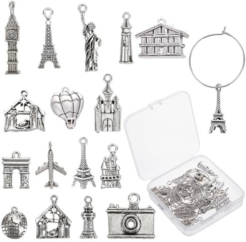 SUNNYCLUE 1 Box 16 Styles Tourist Theme Wine Glass Identifiers Charms Drink Markers Tags Tibetan Style Alloy Pendants Stainless Steel Hoop for Party Favors Decoration Supplies Gifts