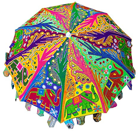 Garden Patio Umbrella, Fringe Beach Parasol, UV Protection Outdoor Umbrellas- Indian Garden Umbrellas Parasol Love Birds, Large Parasol Umbrellas Fine Handcrafted