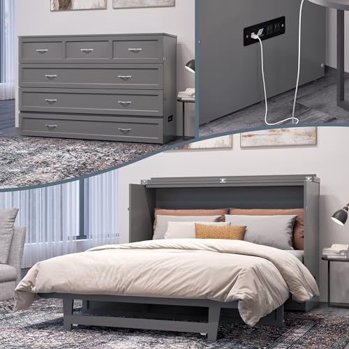 AFI, Northfield Murphy Bed Chest Queen with 6 Mattress, Storage Drawer & Built-in USB Charger, Grey