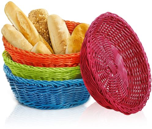 AVLA 4 Pack Poly-Wicker Bread Basket, 9 Woven Round Gift Basket, Imitation Rattan Fruit Storage Bowls, Stackable Handmade Serving Holder for Organizing Vegetables Snacks, Home Restaurant Hotel