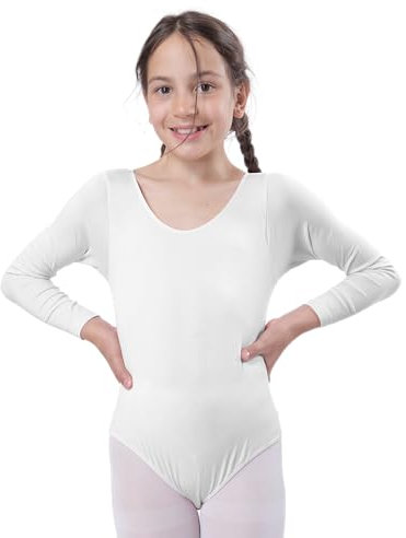 Carnavalife Mädchen-Body für Tanz, Ballett, Mädchen, langärmlig, Rundhalsausschnitt, Tanztrikot für Mädchen, für Tänzerin, Gymnastik, weiß, 8 Jahre