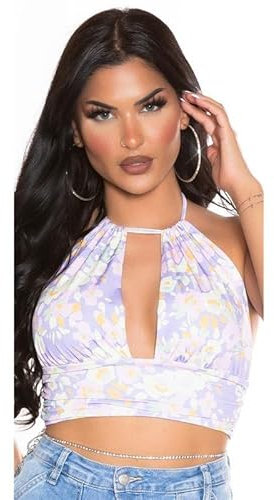 Koucla Damen Neckholder Crop-Top mit Blumenmuster Flieder Einheitsgröße (34,36,38)