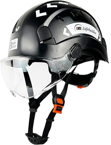 SAFEBUILDER Schutzhelm mit Visier, verstellbar, leicht, belüftet, ABS, Arbeitshelm, ANSI Z89.1 zugelassen, ideal für Industrie und Bau (schwarzer Hut mit klarem Visier)