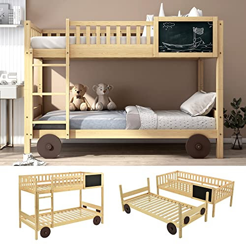 Etagenbett Mit Rechtwinkliger Treppe,Autobett,Kinderbett Mit Mdf-RäDern,Einzelbett Mit Tafel,Abnehmbar,Rahmen Aus Kiefer,FüR Jungen & MäDchen,Natur (90X200Cm)