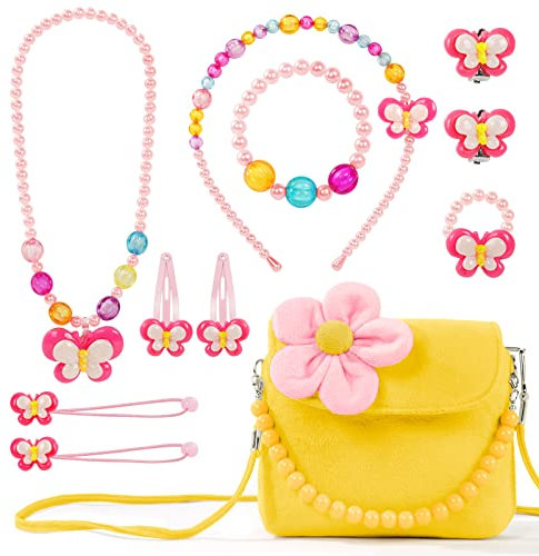 OSDUE Kleine Mädchen Plüsch Handtaschen, Schmuckset für Mädchen, Kette Halskette Armband Ring Schmuckset, Süße Plüsch Handtasche für Party Dress Up Geschenk(Gelb)