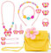 OSDUE Kleine Mädchen Plüsch Handtaschen, Schmuckset für Mädchen, Kette Halskette Armband Ring Schmuckset, Süße Plüsch Handtasche für Party Dress Up Geschenk(Gelb)