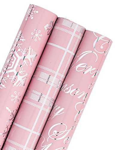 RUSPEPA Weihnachts-Geschenkpapierrolle – Mini-Rolle – 3 Rollen – 43,2 cm x 305 m pro Rolle – Rosa mit silberner Metallic-Folie, Schneeflocke, Plaid, „Merry Christmas“-Schriftzug
