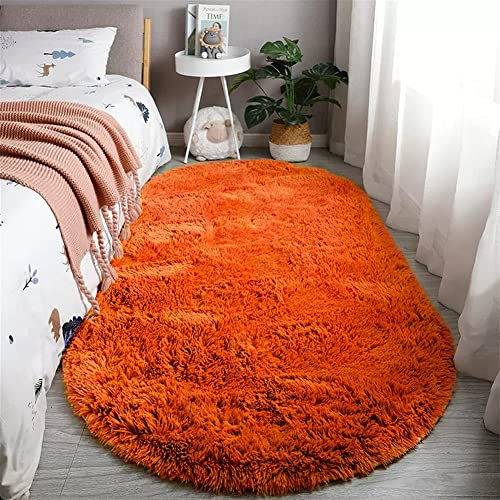 Reyox Teppich Oval Hochflor Shaggy rutschfest Pflegeleicht, Flauschig Weich Langflor Teppich für Wohnzimmer Schlafzimmer Bettvorleger Orange 60 x 160 cm