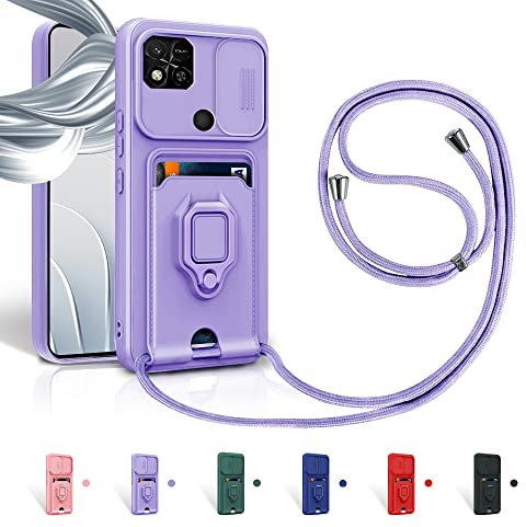 Aithne Cordon de Coque pour Xiaomi Redmi 10A / 9C / 9C NFC/Poco C31,Couvercle Coulissant de la Caméra+Support Annulaire à 360 Degrés,Fentes pour Cartes Lanyard Silicone Case -Pourpre