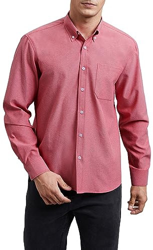 HISDERN Oxford Shirts for Men Casual Long Sleeve Smart Red Shirt Men's Button Down Shirt Regular Fit L