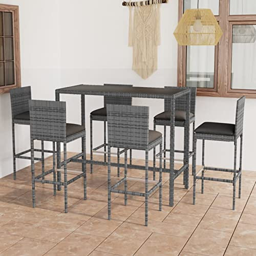 GuyAna 7-TLG. Gartenbar-Set Stehtisch Outdoor Bartisch-Set Bar MöBel Bar Outdoor Theke Garten Theke Bar mit Kissen Rattan Grau