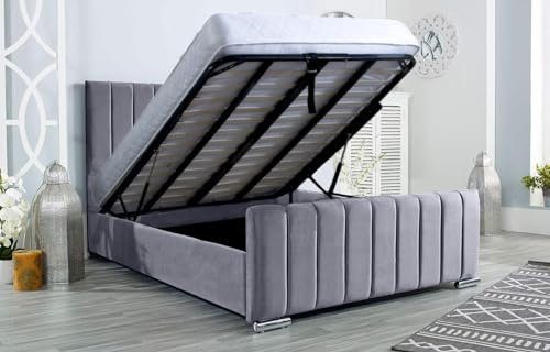 AuGold Beds Upholstered Ottoman Bed 4FT6 Double – Grey Plush Double Bed Frame with Headboard, Footboard & Lift-Up Storage Base – Durable Modern Design for Stylish Compact Bedrooms