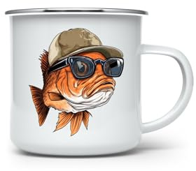 MAXIKIWI - Durable Enamel Coffee or Tea Camping Mug for Indoor Outdoor Use - Cool Bass Fish - 350ml
