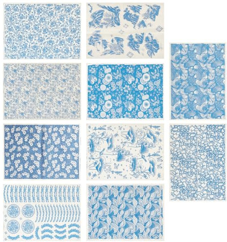 WEBEEDY 10 Stile Unterglasur-Transfers Keramik-Abziehbilder Blaues Thema Porzellan-Keramik-Ton Glasur-Transferpapierbögen Für Töpferkunst Überglasur-Emaille-Aufkleber Wasserrutsch-Aufkleber, 51x36 cm