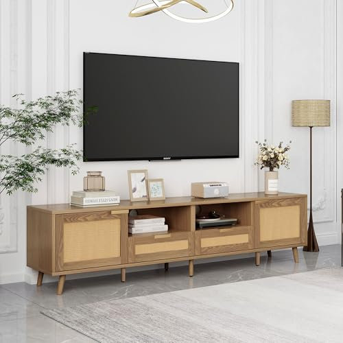 MQGPM Retro TV-Schrank für unter 85-Zoll-Fernseher Geflochtener mit Rattan, Lowboard mit 2 Türen und 2 Schubladen, TV Boardmit viel Stauraum, TV Sideboard, Fernsehschrank für Wohnzimmer, Holzfarbe