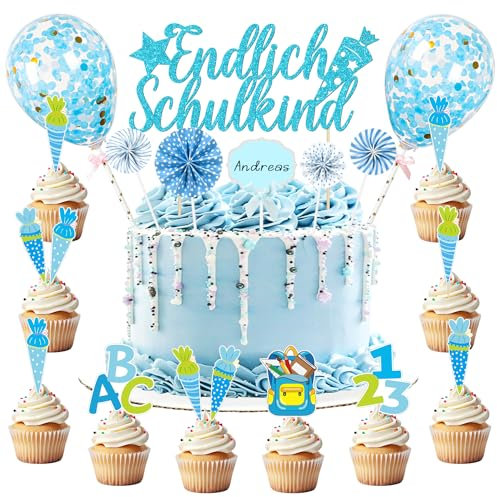 Tortendeko Einschulung Junge, Kuchendeko Schulanfang, Schulkind Tortendeko Schulanfang Cake Topper Einschulung Mit ABC 123 Zuckertüte Konfetti Ballon für Schulkind Party Torte Dekoration