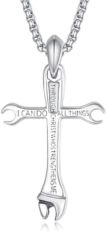 Wrench Cross Necklace for Women Wrench Tool Charm Pendant Bible Verse Philippians 4:13 I CAN DO ALL THINGS Jewelry Inspirational Gift for Dad Son