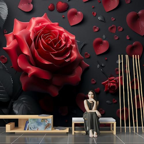 Fototapete Dunkel Romantisch Rot Rose Blume Liebe Tapeten Wandtapete XXL Wanddeko Design Wand Dekoration Wohnzimmer Schlafzimmer Büro Flur 3D Effekt