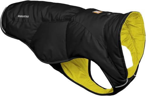 RUFFWEAR Quinzee X-Large Hunde-Regenjacke, isolierter Allwetter-Hundemantel, Wasserabweisende Hundejacke, leichte Hundeweste und Tragetasche, Größe XL, Obsidianschwarz