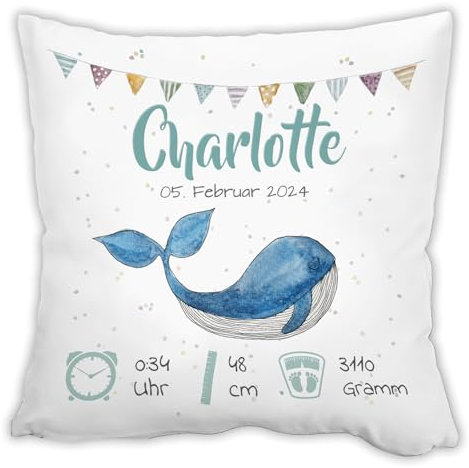 Personalisiertes Kissen zur Geburt | Wal | 40x40 cm mit Name, Datum, Gewicht und Uhrzeit, Geschenkidee für Baby erster Geburtstag, Taufe Kinderzimmerdeko Geburtsgeschenk für Mädchen oder Junge