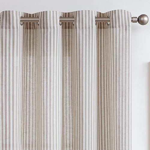 TOPICK Linen Curtains for Living Room 84 inches Long Grey Striped Curtains for Bedroom Light Filtering Eyelet Curtain Window Decoration 2 Panels