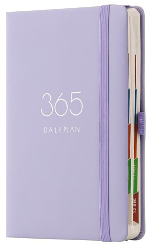 Terminplaner 2025, A5-Terminkalender, ein Tag pro Seite, Tagesplaner, Jahresplaner, ab Januar 2025 bis Dezember 2025 mit monatlichen Registern, buntem Seitendesign, Stiftschlaufe und Fach auf der