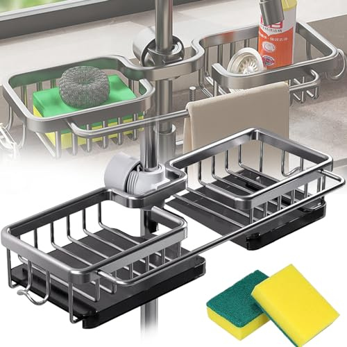 Kitchen Sink Faucet Organizer, Sink Organizer Rack for Kitchen and Bathroom, Sponge Holder with Drip Tray, Dish Sponge Holder Over Faucet, for 0.7-1.1inch Round Water Pipe (Left+Right Silver)