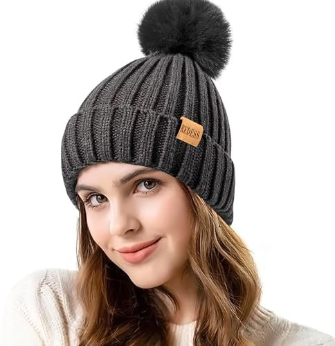 REDESS Damen Winter gestrickt Beanie Mütze Warm Fleece gefüttert mit Bommel Mütze Dick Slouchy Schnee Stricken Skull Ski Cap