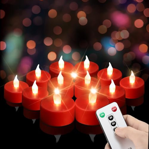 xiangpeng Tea Light Candles with Remote Control,12pack Flickering Flameless LED Candle,Long Lasting 400+Hours,Battery Operated with Timer for Home Decoration Seasonal &Festival Celebration Red