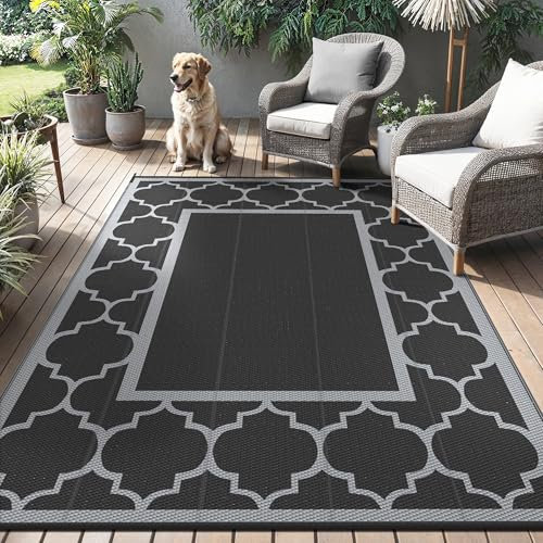 GENIMO Tappeto da Esterno,Tappeto Per Esterno Impermeabili Eeversibili Lavabili, Antipioggia per Terrazze,Giardini,Camper,Picnic,Balcone,Nero & Grigio,150x240cm
