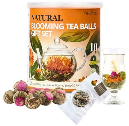 Blooming Tea Gift Set, 10 Unique Varieties Flowering Tea Balls, VitalForest Individual Packing Handmade Blooming Flower Teas for Anniversary, Valentine, Birthday