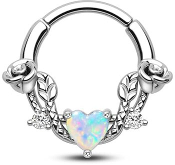 CM Crareesi Mania Septum Daith Piercing Silber Septum Clicker 16G Chirurgenstahl Scharnier Segmentringe 8mm Nasenpiercing Hoop Helix Knorpel Conch Tragus Piecing Ohr Schmuck mit Opal Herz Zirkon