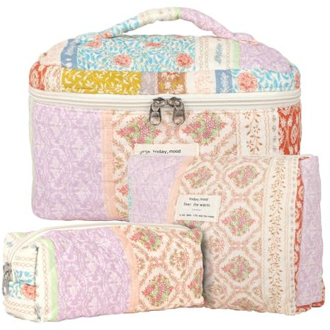 3pcs Reise Kosmetiktasche Set Damen, Baumwolle Kulturbeutel Set Damen Gesteppte Kulturtasche mit Blumenmuster, Make up Bag Aesthetic Schminktasche Cosmetic Bag für Kinder Damen