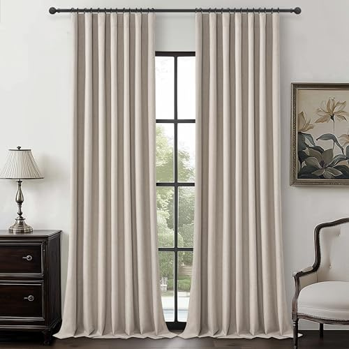 Verdunkelungsvorhänge aus grauem Leinen-Mischgewebe, 244 cm lang, für Wohnzimmer, 2 Paneele, elegante Raumverdunkelung, isoliert, Boho, vom Boden bis zur Decke, Querbahnvorhang, Hellbraun