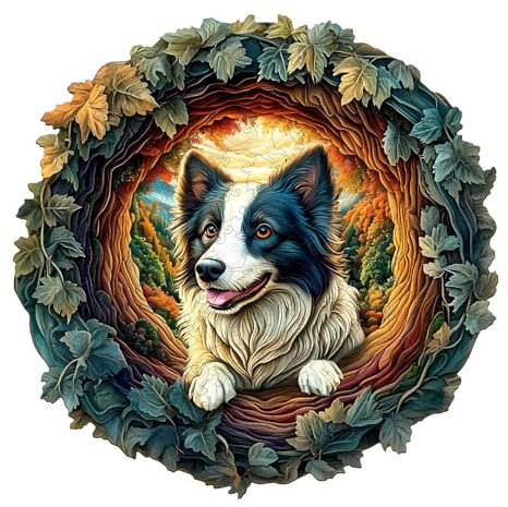 Holzpuzzle Erwachsene 3D Border Collie- 200 Teile Rundpuzzle Geschenkbox, Wanddekoration (Erwachsene/Kinder)