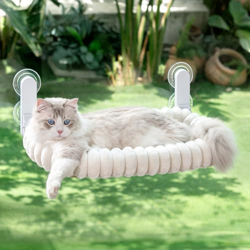 GUUSII HOME Foldable Cat Window Bed Indoor Hammock Perch for Large Cats Cordless Hanging Kitten Seat Shelf with Suction Cups Reversible Soft Plush Cushion Machine Washable 54 * 30cm (White, M)
