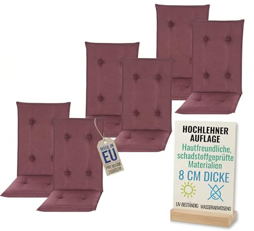 Pillows24 - Hochlehner Auflagen 6er Set - 120x50cm – 8cm Dick - Premium-Material 200gsm, UV- & Wasserabweisend | Sitzauflagen Hochlehner | Sitzkissen Gartenstuhlauflagen für Gartenmöbel | Pflaume