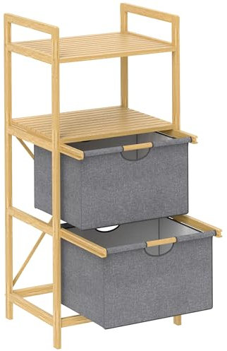 HOMCOM Panier à linge en bambou, corbeille à linge sale avec étagères ouvertes et 2 sacs en tissu coulissants, pour salle de bain, buanderie, chambre à coucher, naturel