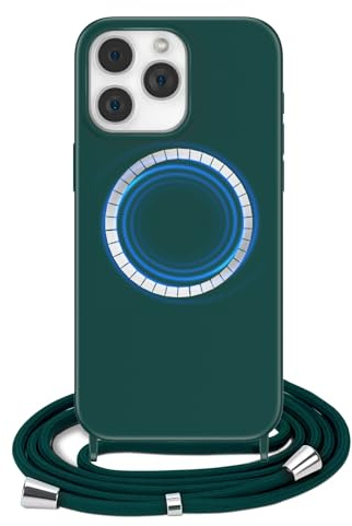 FOQENCCI Magnetic for iPhone 15 Pro Max Case with Strap Dark Green | Crossbody Case Compatible with MagSafe,Silicone Shockproof Phone Cover with Adjustable Neck Cord Lanyard
